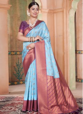 Light Blue and Purple Kanjivaram Silk Designer Contemporary Saree