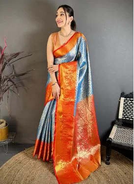 Light Blue and Red Kanjivaram Silk Woven Work Classic Saree for Women