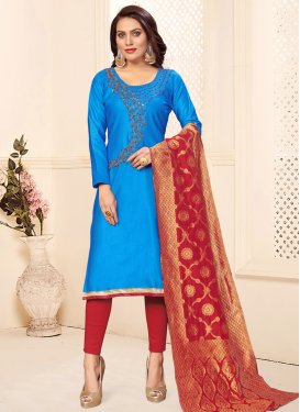 Light Blue and Red Pant Style Classic Salwar Suit For Casual