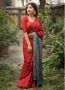 Light Blue and Red  Satin Silk Trendy Classic Saree