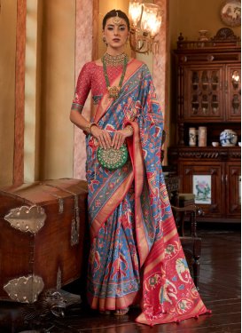Light Blue and Red Tussar Silk Designer Contemporary Saree