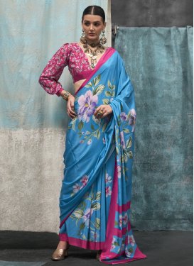 Light Blue and Rose Pink Digital Print Work Crepe Silk Designer Traditional Saree