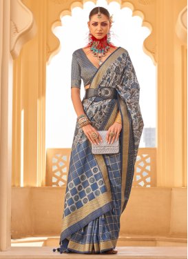 Light Blue and Silver Color Print Work Trendy Classic Saree