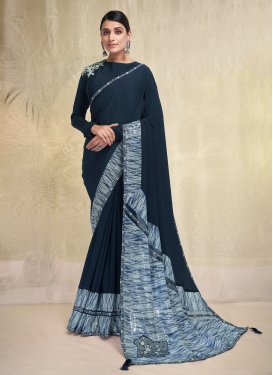 Light Blue and Teal Embroidered Work Designer Traditional Saree