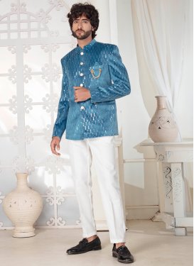 Light Blue and White Rayon Fancy Work Jodhpuri Suit for Men