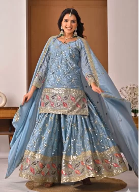 Light Blue Chinon Palazzo Suit with Embroidered Work for Party
