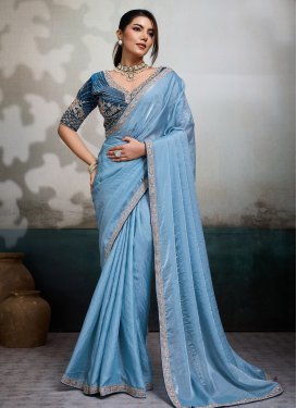 Light Blue Satin Silk Cutdana Work Traditional Saree for Women