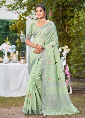 Linen Classic Saree with Embroidered Work in Sea Green