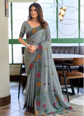Linen Classic Saree with Woven Work for Ceremonial in Grey