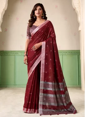 Linen Classic Saree with Woven Work for Ceremonial in Maroon