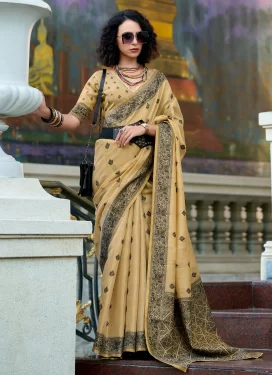 Linen Traditional Saree in Cream with Woven Work for Festival