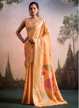 Linen Traditional Saree in Peach with Woven Work for Festival