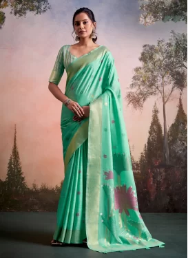 Linen Traditional Saree in Turquoise with Woven Work for Women