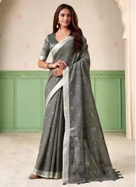 Linen Traditional Saree with Woven Work for Ceremonial in Grey