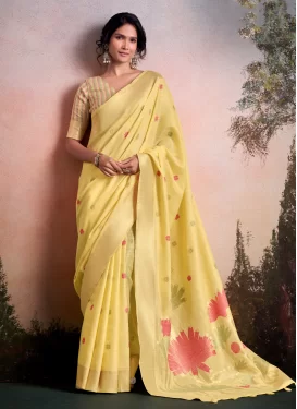 Linen Trendy Saree with Woven Work for Women in Yellow