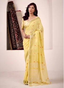 Linen Trendy Saree with Woven Work in Yellow