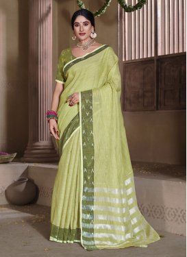 Linen Woven Work Mint Green and Olive Designer Contemporary Saree
