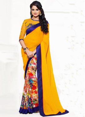 Lively Yellow And Lace Work Printed Half N Half Saree