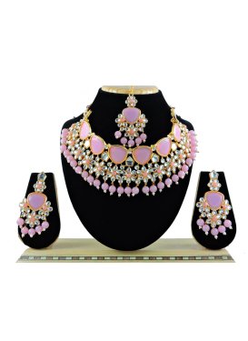 Lordly Alloy Gold Rodium Polish Beads Work Pink and White Necklace Set
