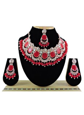 Lordly Alloy Gold Rodium Polish Red and White Beads Work Necklace Set