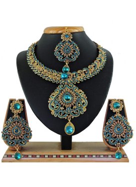 Lordly Alloy Stone Work Gold and Teal Necklace Set