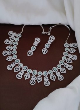 Lordly Diamond Work Sea Green and White Necklace Set