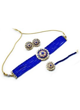 Lordly Gold Rodium Polish Beads Work Alloy Blue and White Necklace Set