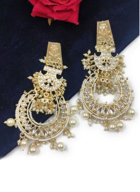 Lordly Gold Rodium Polish Beads Work Alloy Cream and White Earrings For Festival