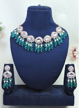 Lordly Gold Rodium Polish Beads Work Alloy Teal and White Necklace Set