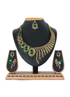 Lordly Gold Rodium Polish Bottle Green and Gold Necklace Set For Bridal