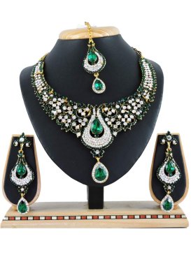 Lordly Gold Rodium Polish Bottle Green and White Necklace Set For Bridal