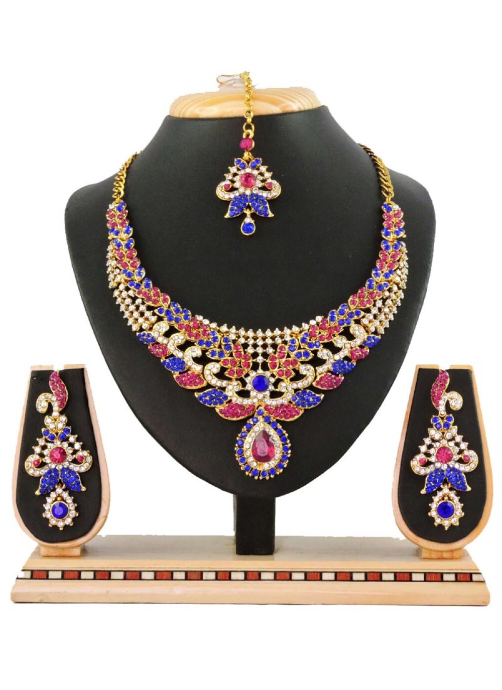 Lordly Gold Rodium Polish Stone Work Alloy Blue and Rose Pink Necklace Set