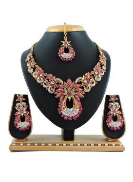 Lordly Hot Pink and White Stone Work Gold Rodium Polish Necklace Set