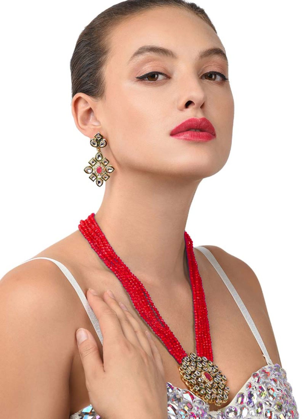 Lordly Moti Work Red and White Necklace Set