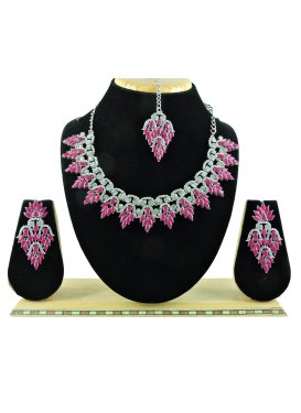 Lordly Rose Pink and Silver Color Stone Work Silver Rodium Polish Necklace Set