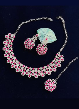 Lordly Rose Pink and White Alloy Silver Rodium Polish Necklace Set For Festival