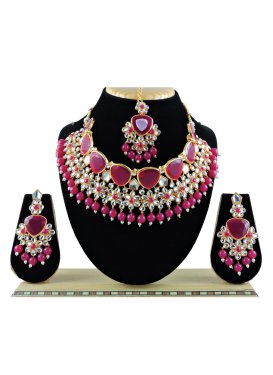 Lordly Rose Pink and White Beads Work Gold Rodium Polish Necklace Set