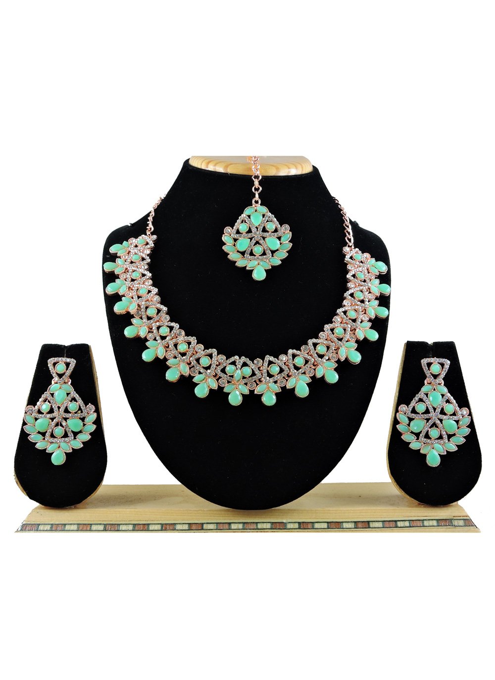 Lordly Sea Green and White Gold Rodium Polish Necklace Set