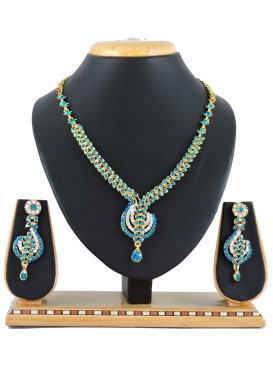 Lordly Teal and White Stone Work Alloy Gold Rodium Polish Necklace Set
