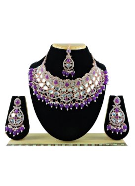 Lovely Alloy Gold Rodium Polish Beads Work Violet and White Necklace Set