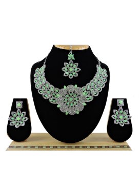 Lovely Alloy Silver Rodium Polish Mint Green and Silver Color Stone Work Necklace Set