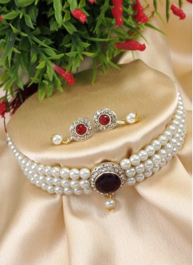 Lovely Beads Work Maroon and White Necklace Set for Party