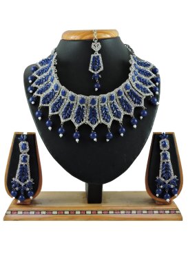 Lovely Beads Work Navy Blue and Silver Color Necklace Set for Bridal