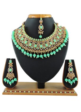 Lovely Beads Work Sea Green and White Gold Rodium Polish Necklace Set