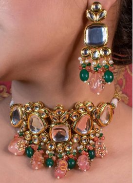 Lovely Gold Rodium Polish Kundan Work Alloy Green and Peach Jewellery Set