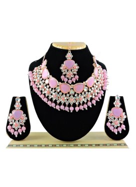 Lovely Gold Rodium Polish Pink and White Beads Work Necklace Set