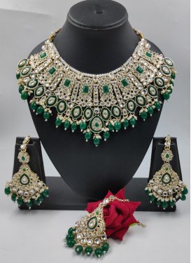 Lovely Green and White Beads Work Gold Rodium Polish Necklace Set
