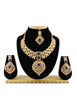 Lovely Navy Blue and White Gold Rodium Polish Necklace Set For Festival