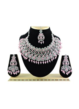 Lovely Silver Rodium Polish Pink and White Beads Work Necklace Set