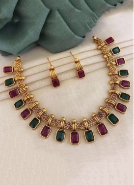 Lovely Stone Work Gold and Green Necklace Set